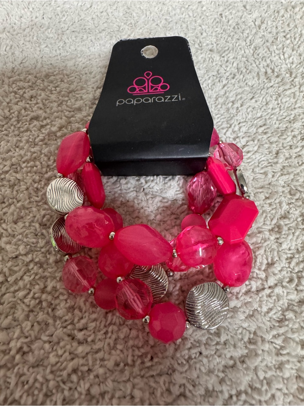 Paparazzi Bright Pink Multi-Bead Stretch Bracelet with Silver Beads